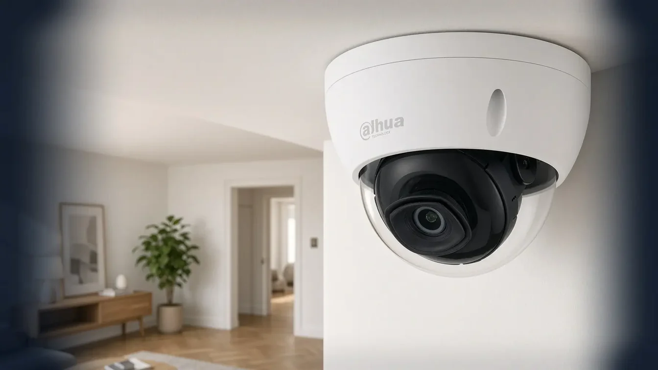 Caméra de vidéosurveillance à dôme fixée au plafond d’un séjour