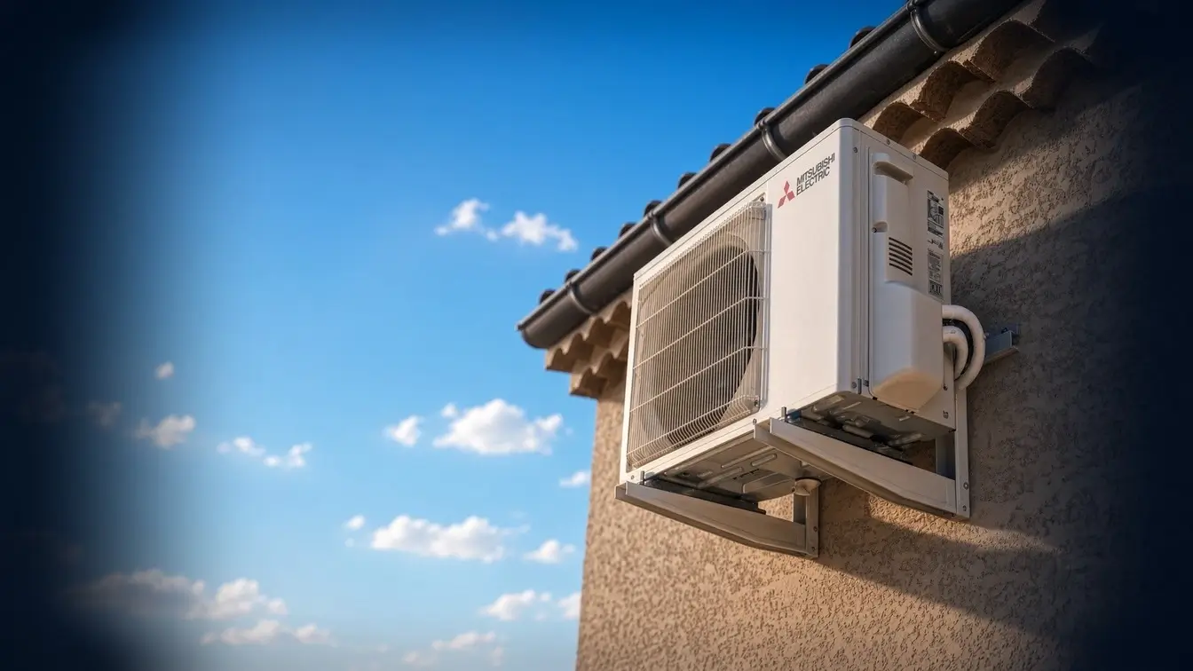 Unité extérieure de pompe à chaleur Mitsubishi fixée en applique sous le débord d’une toiture en tuiles