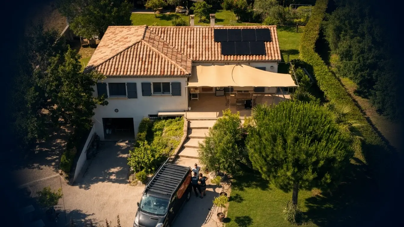 Vue aérienne d’une maison en tuiles équipée de panneaux photovoltaïques, camionnette et équipe ARTEMELEC devant